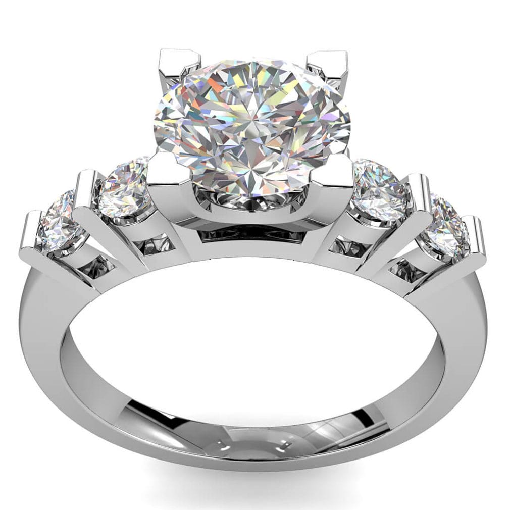 Round Brilliant Cut Solitaire Diamond Engagement Ring, 4 Triangle Claws Set with Tension Set Side Stones.