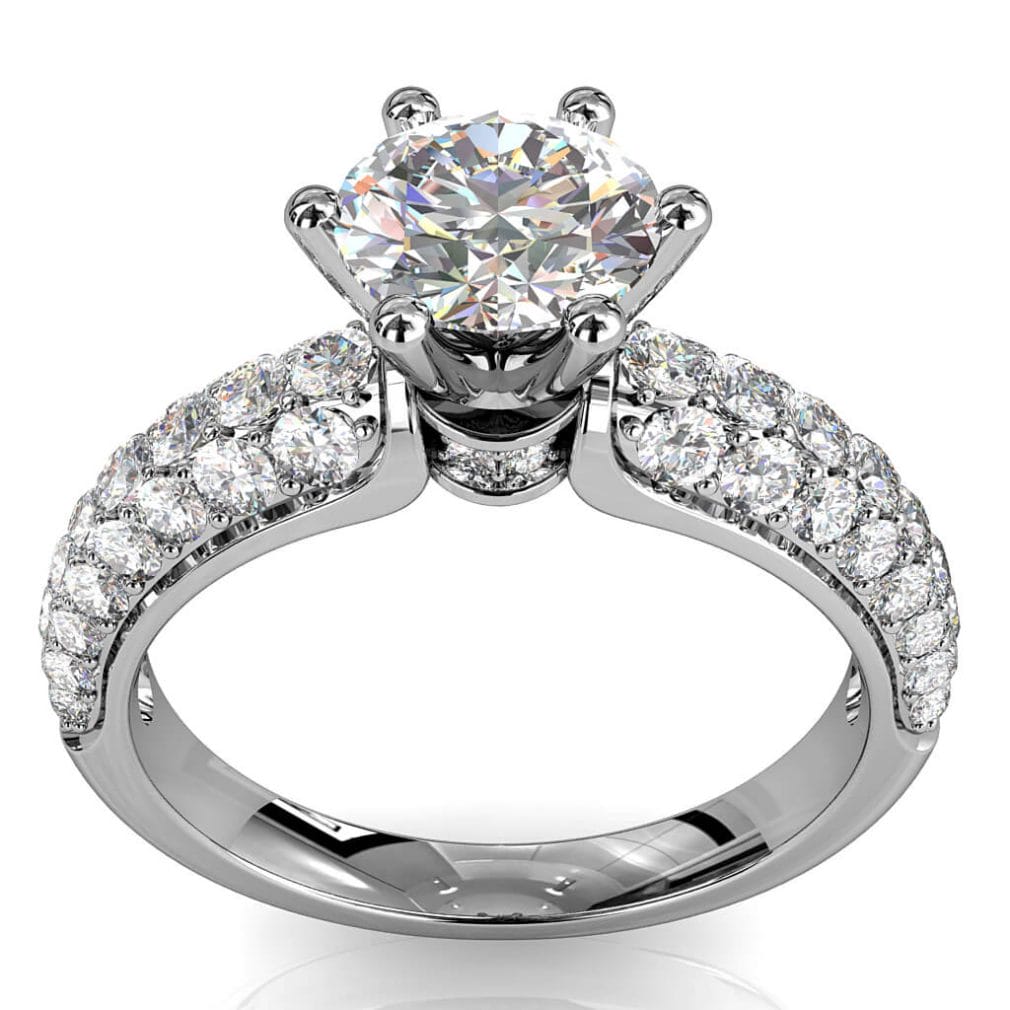 Round Brilliant Cut Solitaire Diamond Engagement Ring, 6 Claws Set on Tapered Three Row Pavé Band with Diamond Circle Undersetting.