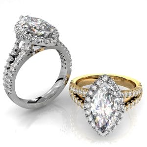 Round Brilliant Cut Diamond Halo Engagement Ring, 4 Double Claws Set in a Thin Cut Claw Halo on a Split Cut Claw Band with Diamond Set Underrails.