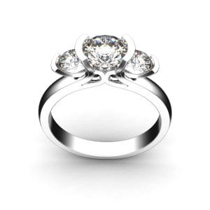 Round Brilliant Cut Diamond Trilogy Engagement Ring, Semi Bezel Tension Set Stones with a Fountain Undersetting.