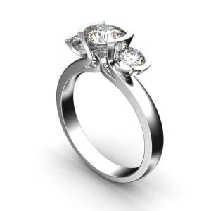 Round Brilliant Cut Diamond Trilogy Engagement Ring, Semi Bezel Tension Set Stones with a Fountain Undersetting.