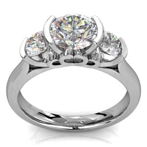 Round Brilliant Cut Diamond Trilogy Engagement Ring, Semi Bezel Tension Set with a Heart Undersetting.