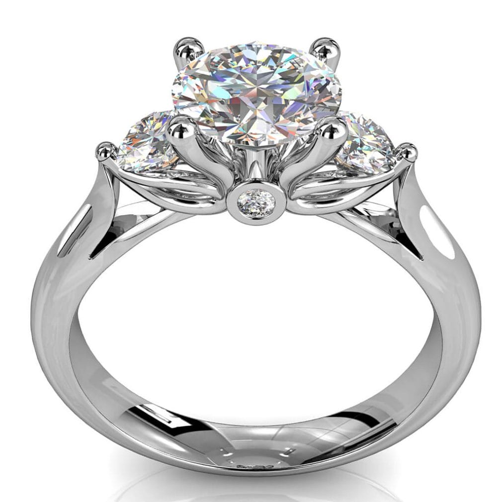 Round Brilliant Cut Diamond Trilogy Engagement Ring, Centre 4 Claw Set with 3 Claw Set Side Stones with a Lotus and Hidden Diamond Undersetting.