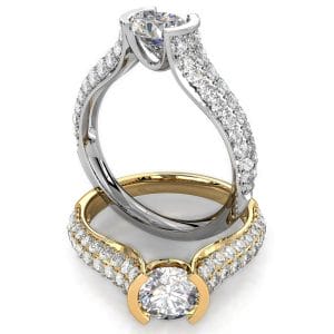Round Brilliant Cut Diamond Solitaire Engagement Ring, Semi Bezel Tension Set on a Reverse Tapered Pave Band.