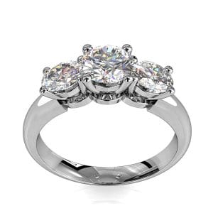 Round Brilliant Cut Diamond Trilogy Engagement Ring, Stones 4 Claw Set on a Rounded Band with Classic Crown Undersetting.