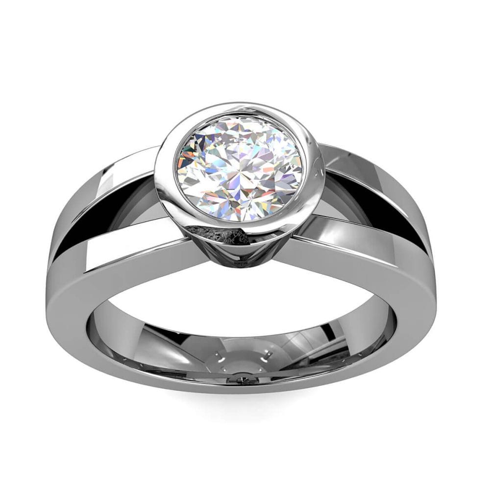 Round Brilliant Cut Solitaire Diamond Engagement Ring, Bezel Set on a Split Band with Solid Undersetting.