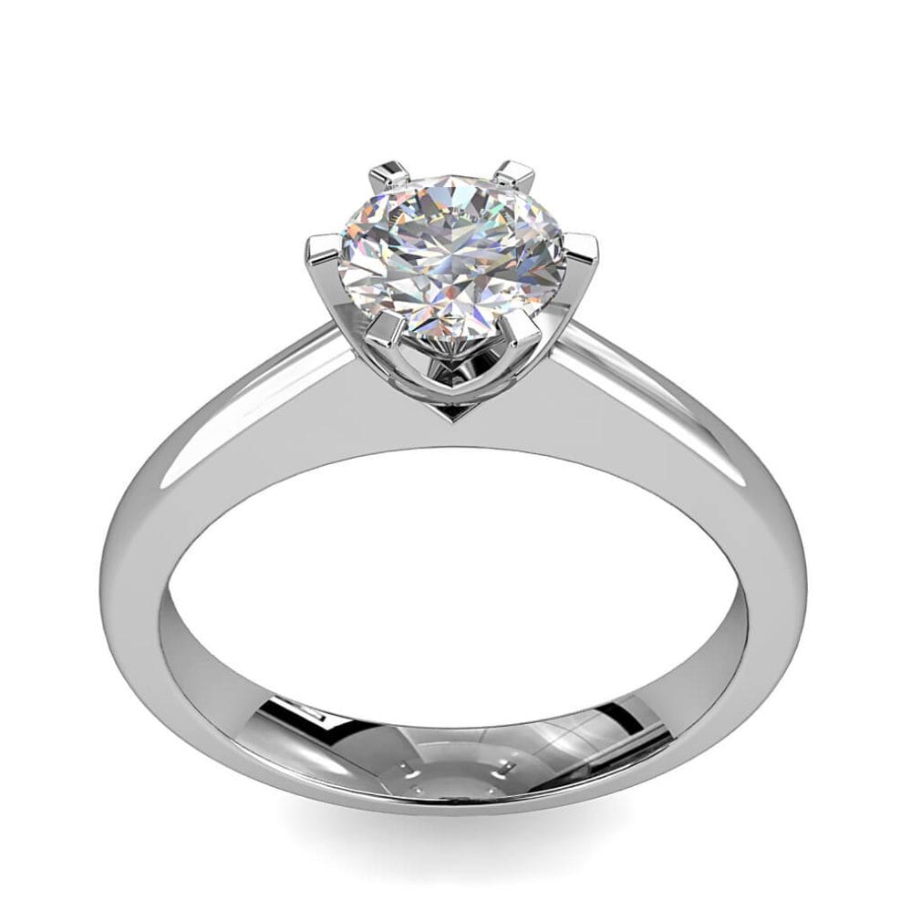 Round Brilliant Cut Solitaire Diamond Engagement Ring, 6 Fine Button Claws on a Tapred Thin Flat Band with a Weaved Underbasket.