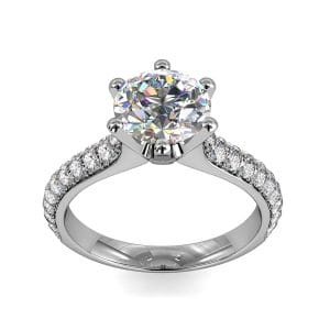 Round Brilliant Cut Solitaire Diamond Engagement Ring, 6 Button Claws Set on Two Row Pavé Band with Classic Undersetting.