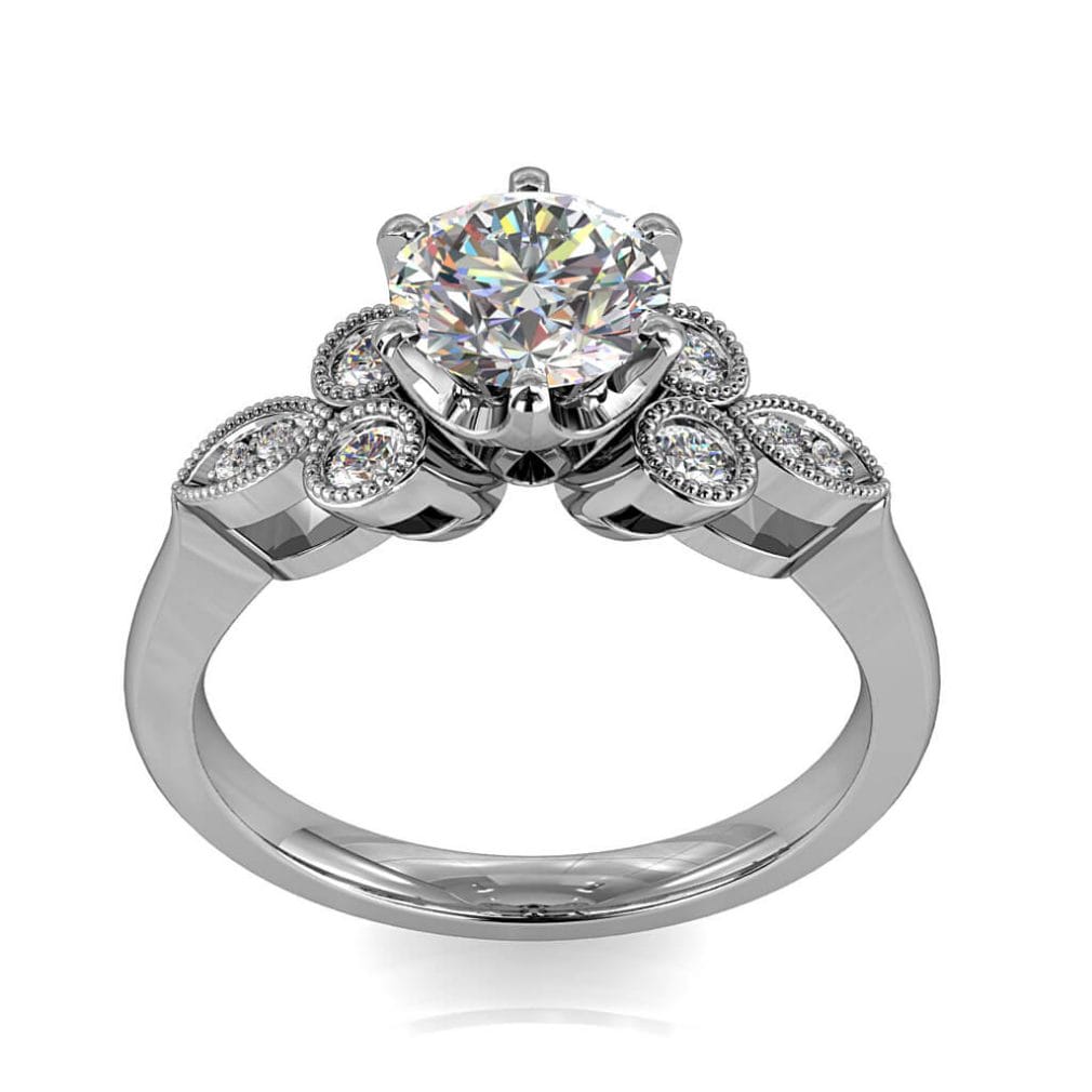 Round Brilliant Cut Solitaire Diamond Engagement Ring, 6 Button Claws Set on Tri-Leaf and Circle Milgrain Stone Set Band with Webbed Undersetting.