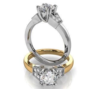 Round Brilliant Cut Diamond Solitaire Engagement Ring, 4 Double Pair Claws Set with Milgrain Bead Set Vintage Side Details.