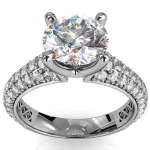Round Brilliant Cut Solitaire Diamond Engagement Ring, 4 Pear Shape Claws Set on High Dome Pavé Band with Classic Undersetting.