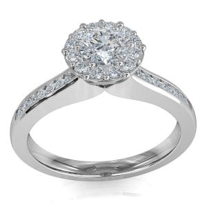 Round Brilliant Cut Diamond Halo Engagement Ring, 8 Claws Set in an Illusion Halo on a Princess Cut Channel Set Shoulders with Wire Basket Undersetting.