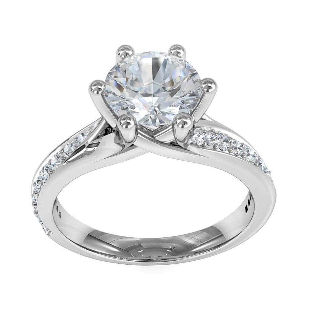 Round Brilliant Cut Solitaire Diamond Engagement Ring, 6 Claws Set on Split Sweeping Bead Set Band and Crossover Undersetting.