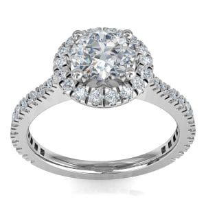Round Brilliant Cut Halo Diamond Engagement Ring, 4 Claws Set in a Fine Cut Claw Halo on a Tapered Cut Claw Band with Support Bar Undersetting.