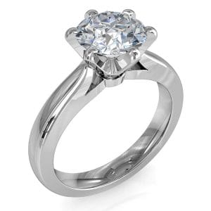 Round Brilliant Cut Solitaire Diamond Engagement Ring, 6 Fine Sqaure Claws Set on Half Rounded Pinched Band with Classic Undersetting.