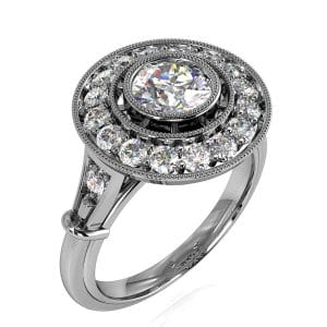 Round Brilliant Cut Diamond Halo Engagement Ring, Bezel Set in a Seperate Bead Set Halo on an Art Deco Band.