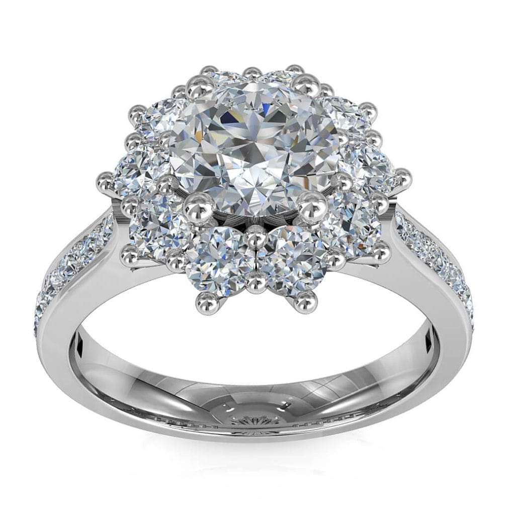 Round Brilliant Cut Diamond Cluster Halo Engagement Ring, 4 Claws Set in a Vintage Cluster Halo on a Bead Set Tapered Band with Wire Basket Undersetting.
