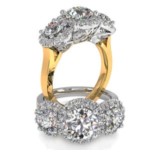 Round Brilliant Cut Diamond Halo Trilogy Engagement Ring, Stones 4 Claw Set in Cut Claw Halos with Filagree Under-basket.