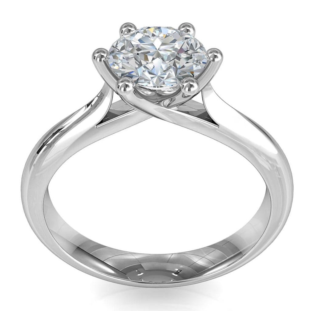Round Brilliant Cut Solitaire Diamond Engagement Ring, 6 Button Offset Claws on a Round Tapered Band with Sweeping Undersetting.