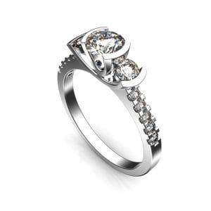 Round Brilliant Cut Diamond Trilogy Engagement Ring, Semi Bezel Tension Set Stones on a Cut Claw Band and Scooped Undersetting.