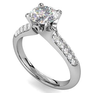 Round Brilliant Cut Solitaire Diamond Engagement Ring, 4 Claws Set on Three Row Pavé band with Solid Undersetting.