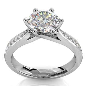 Round Brilliant Cut Solitaire Diamond Engagement Ring, 6 Fine Claws Set on Thin Tapered Band with Crossover Undersetting.