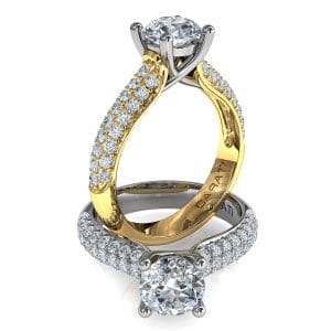 Round Brilliant Cut Solitaire Diamond Engagement Ring, 4 Button Claws Set on a Wide Three Row Pavé Band with Classic Support Bar Undersetting.