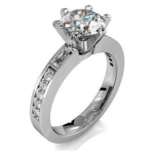 Round Brilliant Cut Solitaire Diamond Engagement Ring, 6 Claws Set with Tapered Baguette Side Stones on a Bead Set Straight Band.