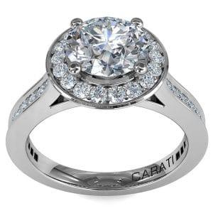 Round Brilliant Cut Halo Diamond Engagement Ring, 4 Claws Set in a Bead Set Halo on a Bead Set Band with Classic Support Bar Undersetting.