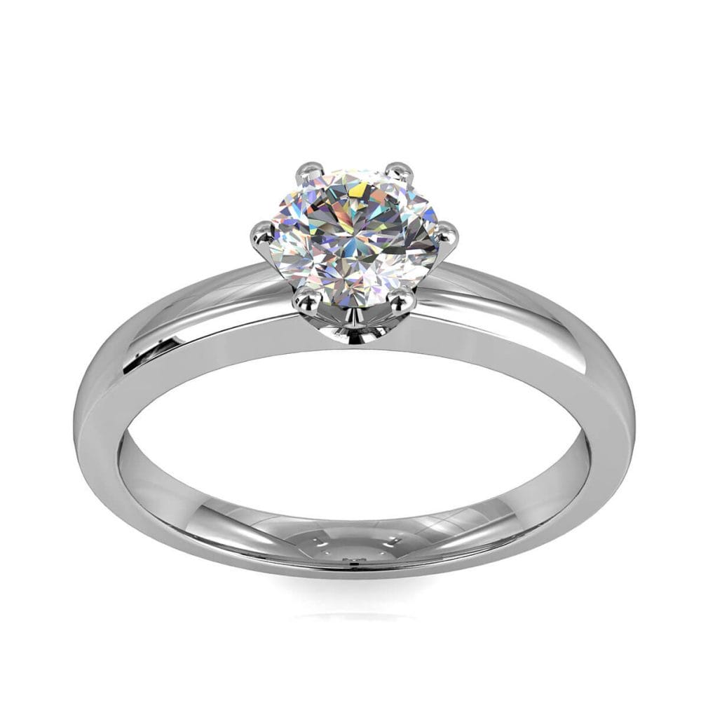 Round Brilliant Cut Solitaire Diamond Engagement Ring, 6 Offset Claws Set on Wide Straight Flat Band.