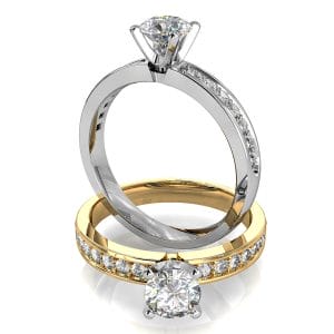 Round Brilliant Cut Solitaire Diamond Engagement Ring, 4 Button Claws Set on a Straight Bead Set Band with Classic Raised Undersetting.
