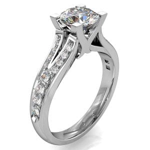 Round Brilliant Cut Diamond Solitaire Engagement Ring, 4 Claw Set on a Split Bead Set Band.