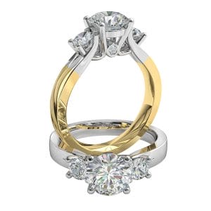 Round Brilliant Cut Diamond Trilogy Engagement Ring, Stones 4 Claw Set on a Split Band with Hidden Diamond Undersetting.