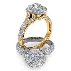 Round Brilliant Cut Halo Diamond Engagement Ring, 4 Claw Set in a Bead Set Halo on Split Pave Band with Hidden Diamond Undersetting.