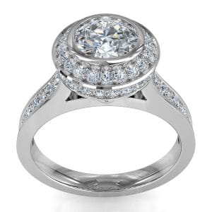 Round Brilliant Cut Halo Diamond Engagement Ring, Bezel Set Centre Stone in a Rolled Bead Set Halo on Reverse Tapered Bead Set Band with Diamond Set Support Bar.