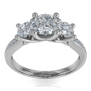 Round Brilliant Cut Diamond Trilogy Engagement Ring, Stones 4 Claw Set on a Thin Bead Set Band with an Undersweep Setting.