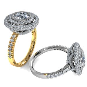 Round Brilliant Cut Diamond Halo Engagement Ring, Bezel Set in a Double Pave Halo on a Cut Claw Band with Pave Crown Undersetting.