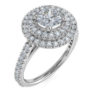 Round Brilliant Cut Diamond Double Halo Engagement Ring, 4 Button Claws Set in a Thin Double row Halo on a Thin Cut Claw Band with a Classic Undersetting.