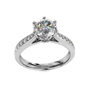 Round Brilliant Cut Solitaire Diamond Engagement Ring, 6 Fine Claws Set on Rounded Bead Set Band with Classic Loop Undersetting.