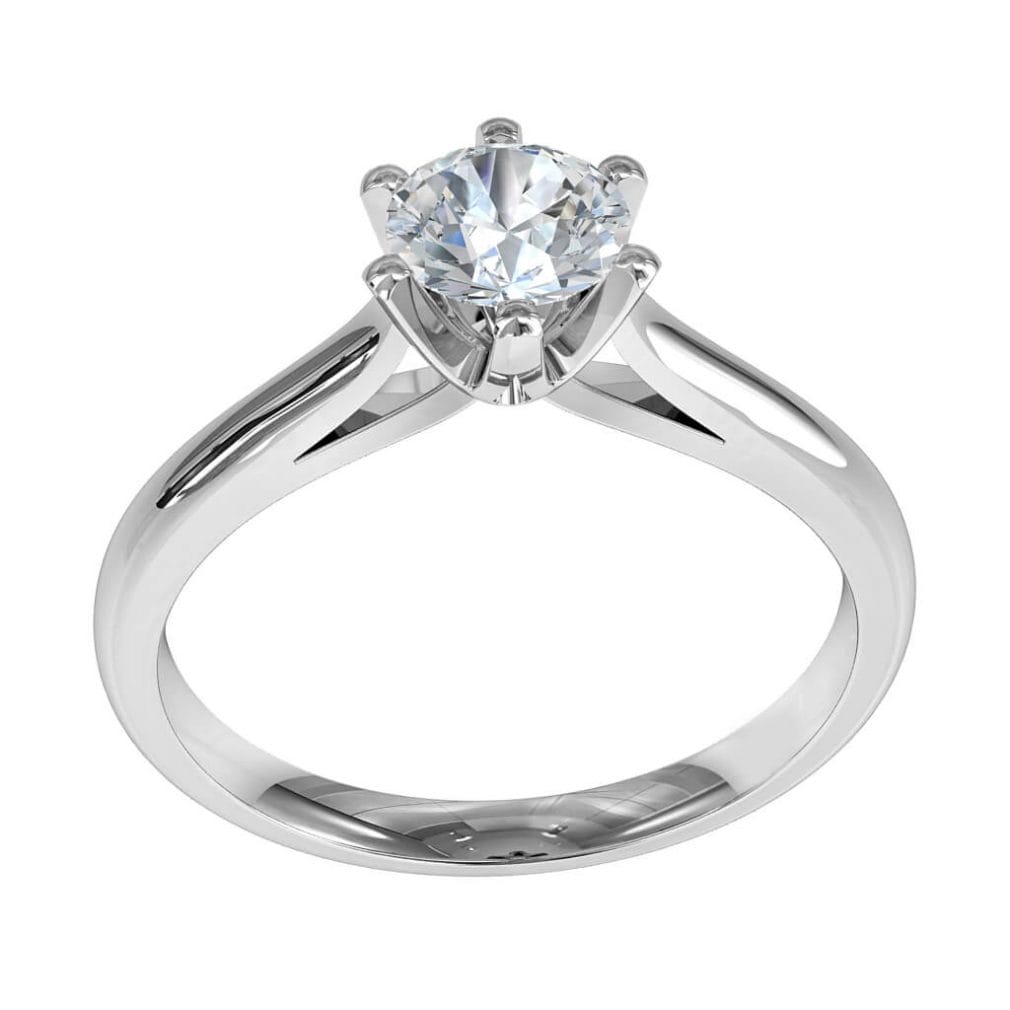 Round Brilliant Cut Solitaire Diamond Engagement Ring, 6 Square Claws on a Slightly Tapered Flat Band with a Lotus Fluted Undersetting.