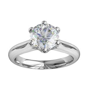 Round Brilliant Cut Solitaire Diamond Engagement Ring, 6 Heavy Square Claws Set on Wide Round Tapered Band with Lotus Sweeping Undersetting.