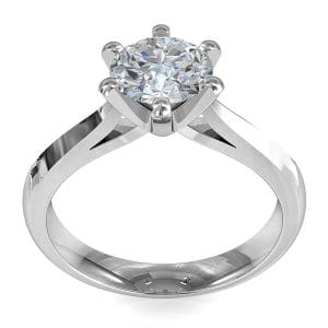 Round Brilliant Cut Solitaire Diamond Engagement Ring, 6 Square Claws Set on Knife Edge Flat Tapered Band with Fluted Undersetting.