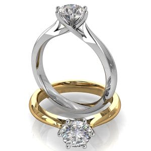 Round Brilliant Cut Solitaire Diamond Engagement Ring, 6 Offset Button Claws Set on Half Rounded Tapered Band with Undersweep Setting.