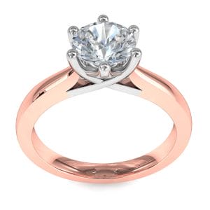 Round Brilliant Cut Solitaire Diamond Engagement Ring, 6 Fine Button Claws Set on Half Rounded Pinched Band with Weaved Undersweep Setting.