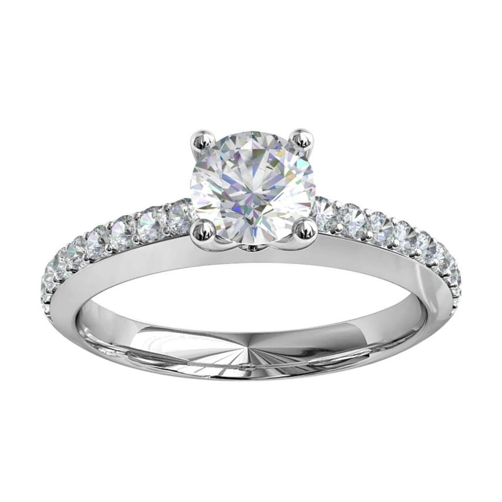 Round Brilliant Cut Solitaire Diamond Engagement Ring, 4 Button Claws Set on Raised Grain Set Band with Classic Undersetting.