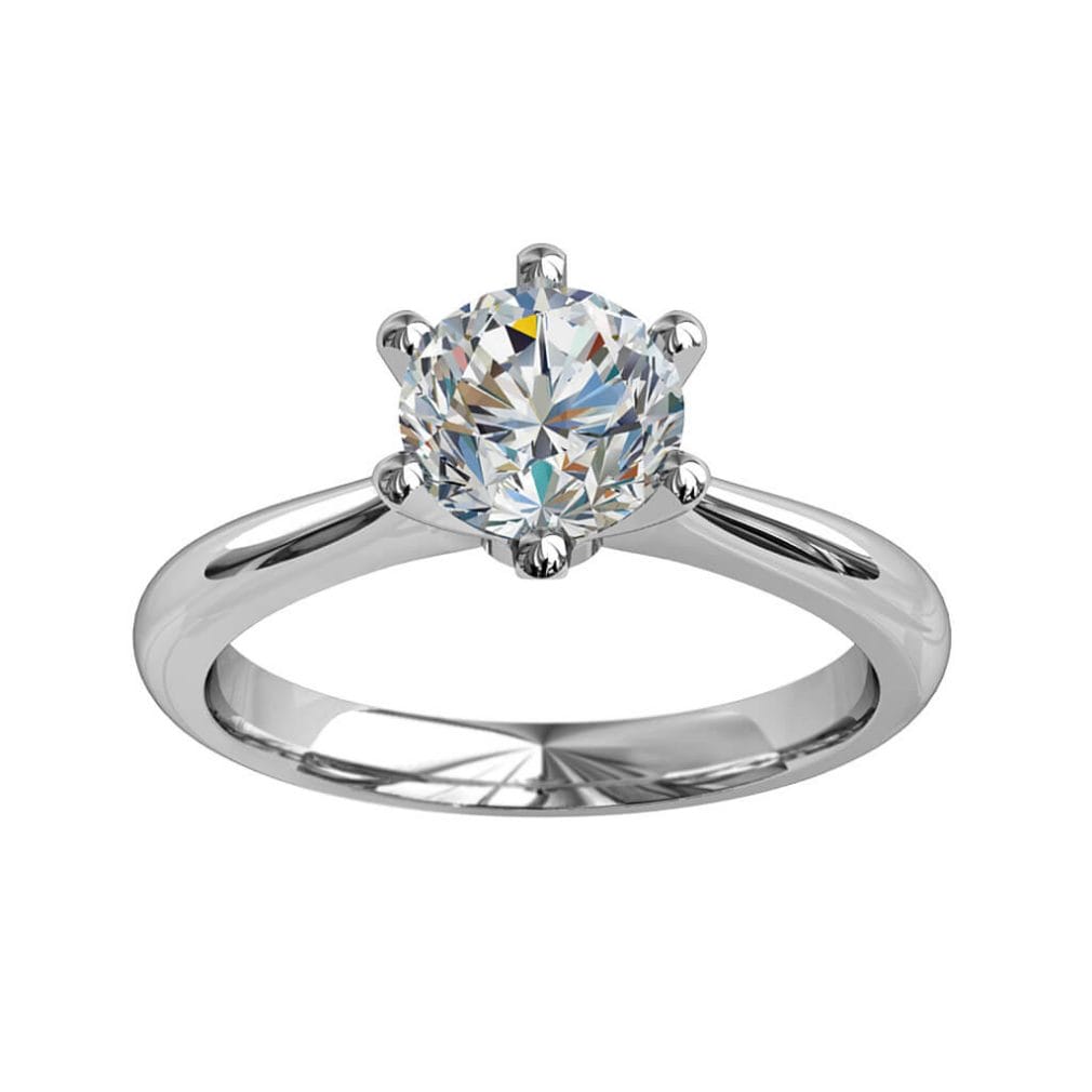 Round Brilliant Cut Solitaire Diamond Engagement Ring, 6 Fine Square Claws Set on a Thin Tapered Half Round Band with Crown Undersetting.