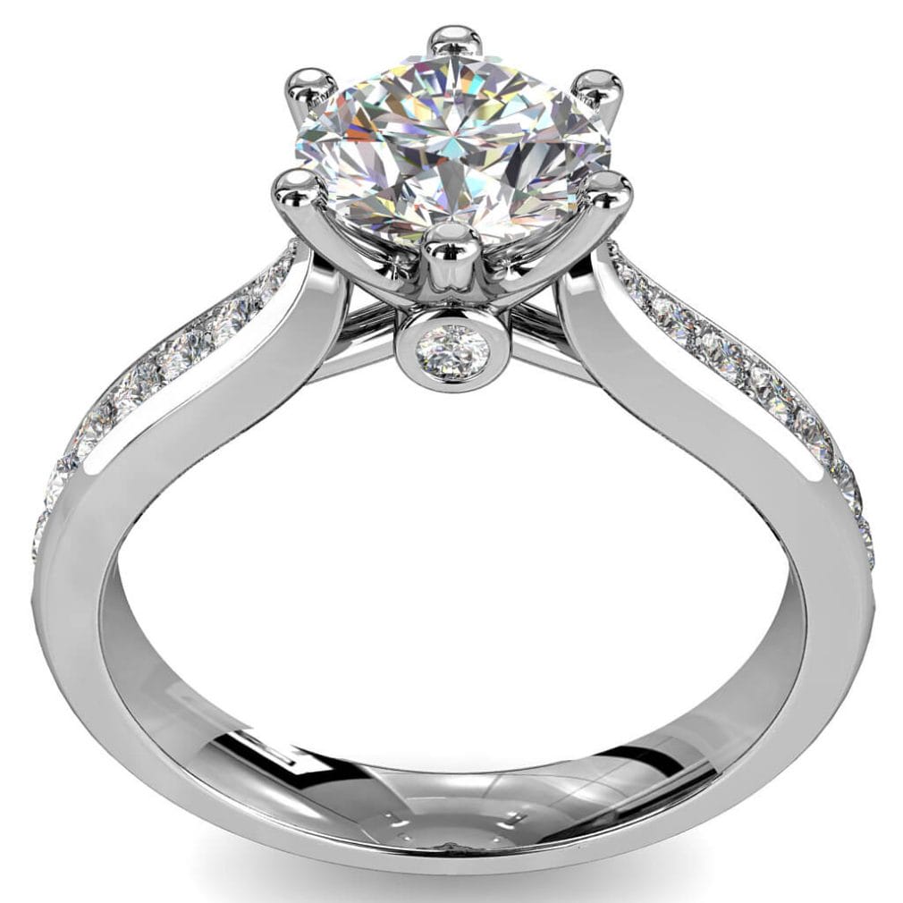 Round Brilliant Cut Solitaire Diamond Engagement Ring, 6 Claws Set on Wide Pinched Bead Set Band with Undersweep and Hidden Diamond Setting.