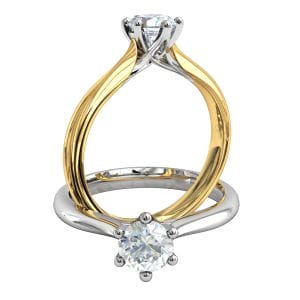Round Brilliant Cut Solitaire Diamond Engagement Ring, 6 Heavy Sqaure Claw Set on Tapered Knife Edge Band with Lotus Undersweep Setting.