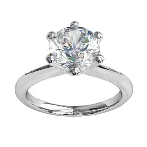 Round Brilliant Cut Solitaire Diamond Engagement Ring, 6 Button Claws Set on Thin Tapered Band with Tall Classic Setting.