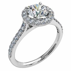 Round Brilliant Cut Halo Diamond Engagement Ring, 4 Pear Shaped Claws in a Double Cut Claw Halo on a Fine Double Cut Claw Band with Support Bar Undersetting.
